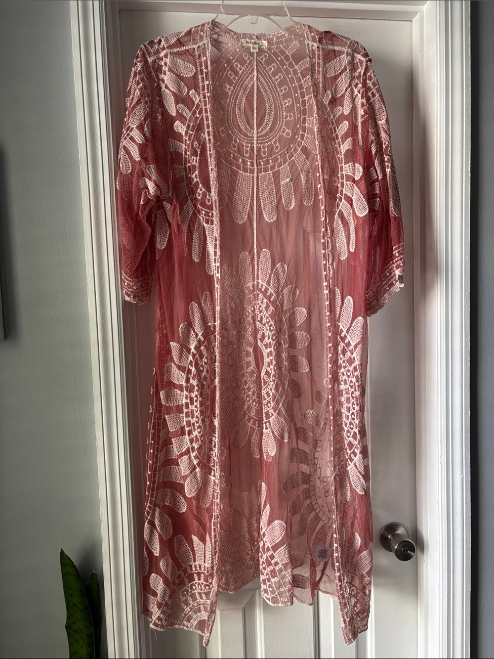 Rebellion Rose Pink Sheer Lace Kimono with White Embroidery